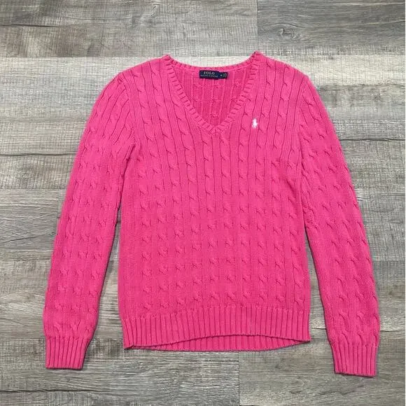 Polo Ralph Lauren Womens Size Medium Pink Cotton Cable Neck V Neck Sweater - Picture 1 of 7